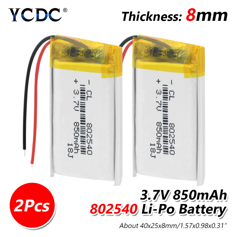 2Pcs 3,7 v li po li-Ion батареи 3 7v пакет 3,7 V литий-полимерный аккумулятор 802540 082540 850MAH для gps MP3 MP4 MP5 светодиодный светильник RC Дрон - Цвет: 2Pcs