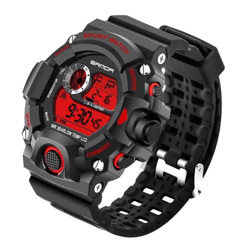 Black Red Sanda мужские часы новые уличные повседневные цифровые часы модные мужские спортивные часы светодиодные кварцевые часы - Цвет: Black Red