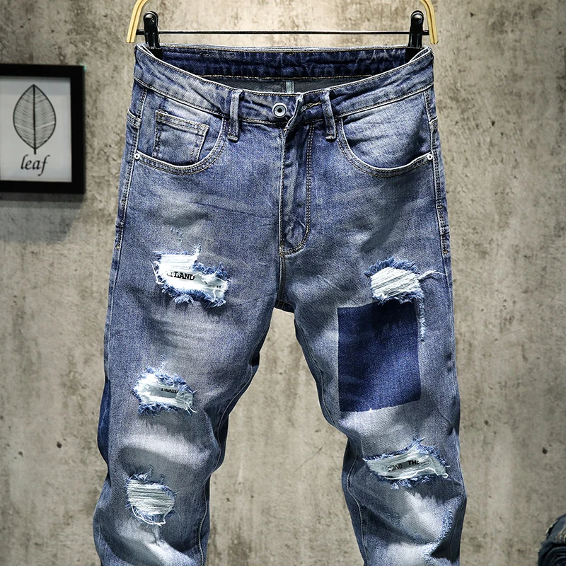 Мужские узкие джинсы KSTUN Синие рваные потертые в байкерском стиле зауженные