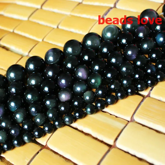 Natural Genuine Flash Rainbow Obsidian Stone Round Loose Beads For Jewelry DIY Making Bracelet Pick Size 4.6.8 .10MM 15"/Strand