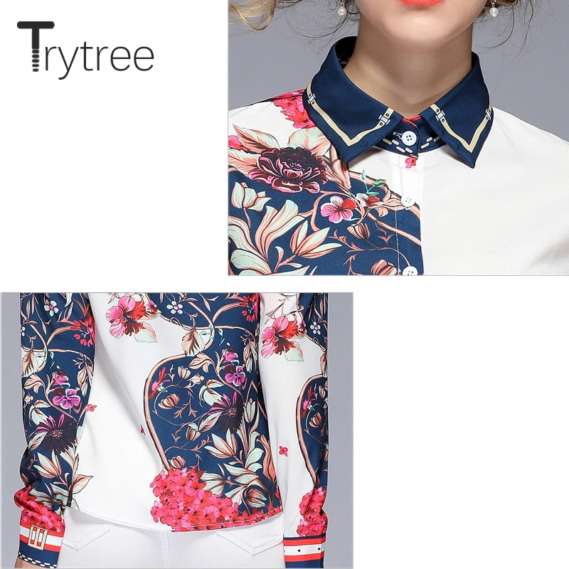 Ttytree осень Асимметричный цветочный принт блузки Повседневная рубашка Женская
