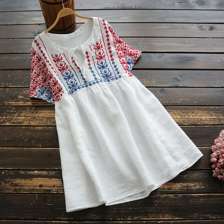 5977 new summer women Color embroidered cotton linen short dress Japan style Retro Casual O-Neck sleeve mini | Женская одежда
