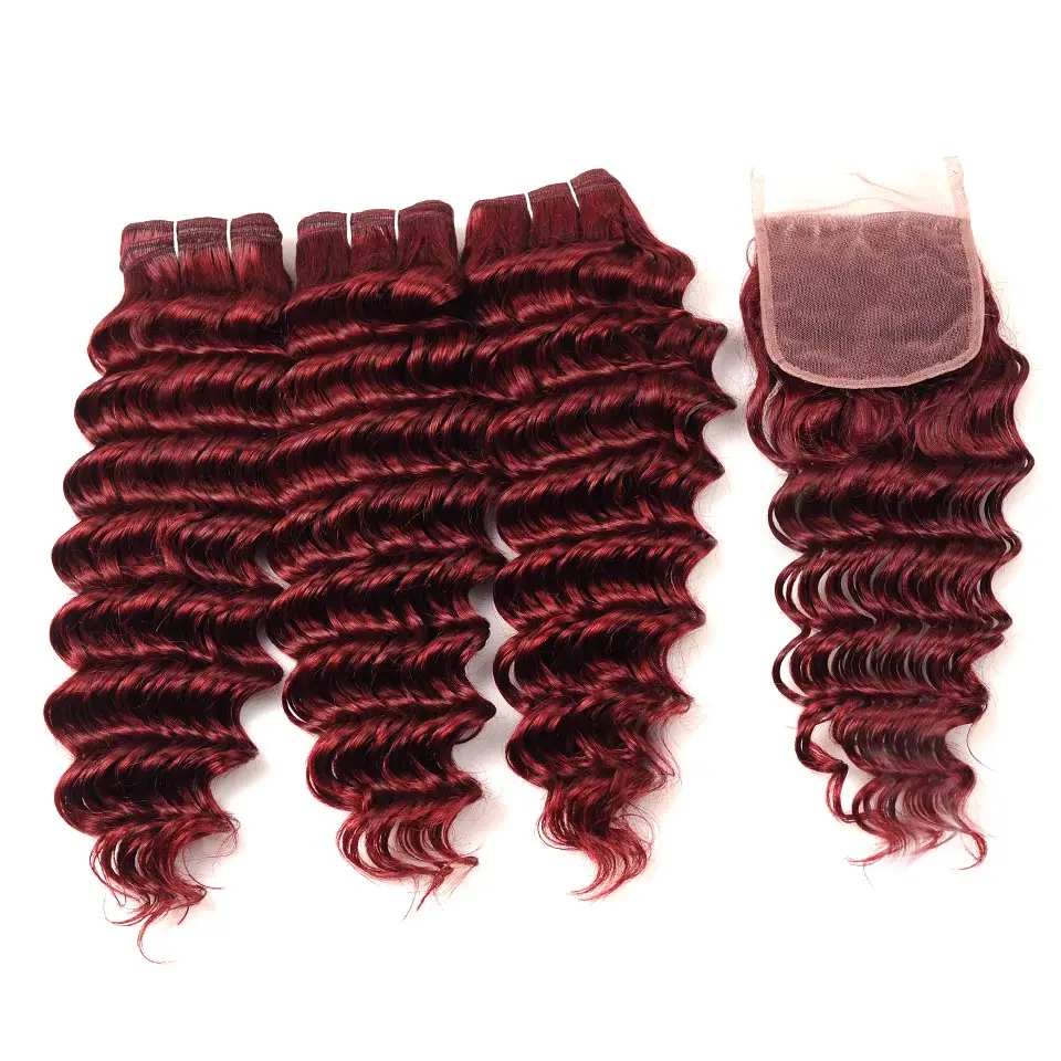 Pinshair Bold Red 99J бордовые пучки с закрытием глубокие волны индийские человеческие волосы 3 пучки с закрытием не Реми волосы не клубок