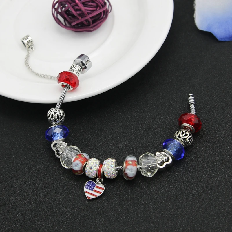 

KEORMA New Design National Flag Series American Flag Silver Plated Beads Colorful Crystal Beads Charms Bracelet&Bangle for Women