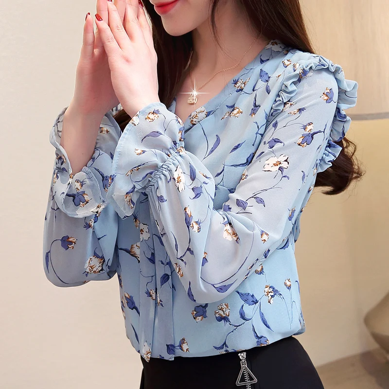 Весна 2020 новая шифоновая блуза женская блузка с длинным рукавом и краем лотоса