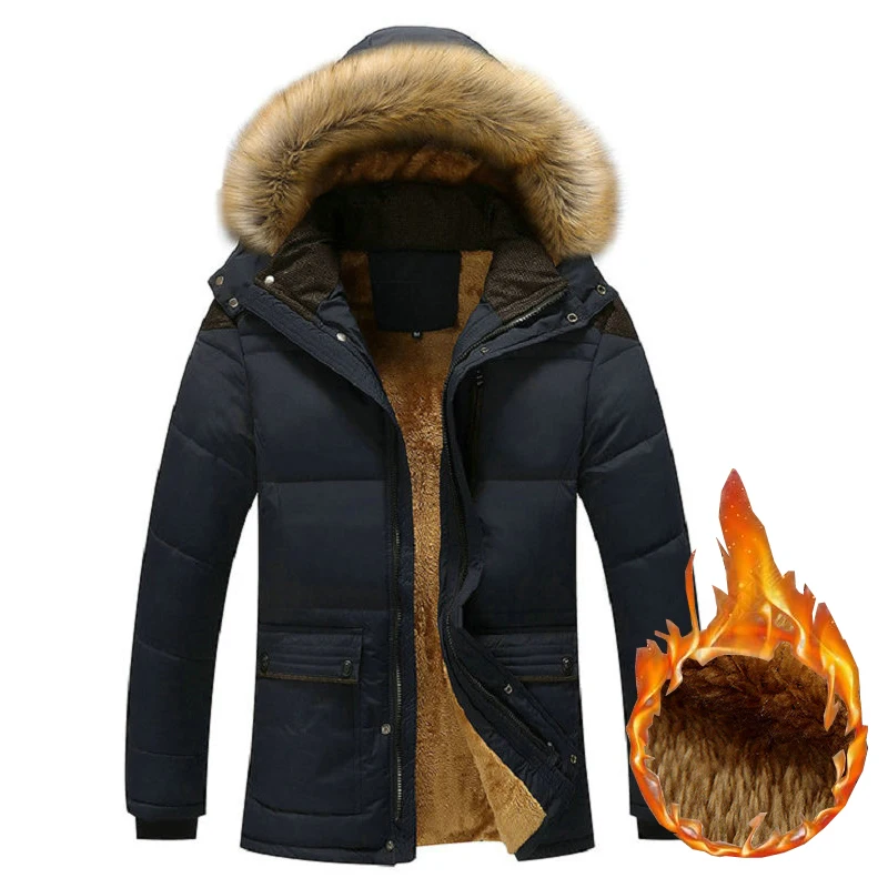 

2019 New Men Parka Warm Winter Jacket Man Fleece Thick Hooded Fur Collar Winter Coats Windbreak Outwear Male