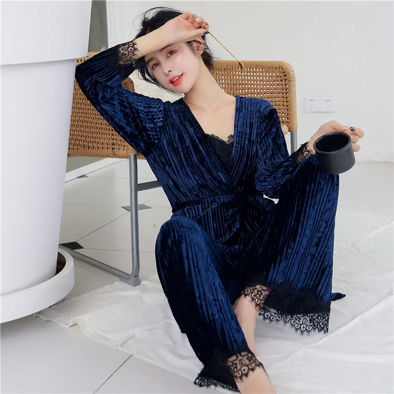 

Women Sexy Pajamas Set Winter Autumn Solid Velvet Long Sleeve Cute Sleepwear Sleep Lounge Set Homewear Female Pyjamas 3pcs Suits