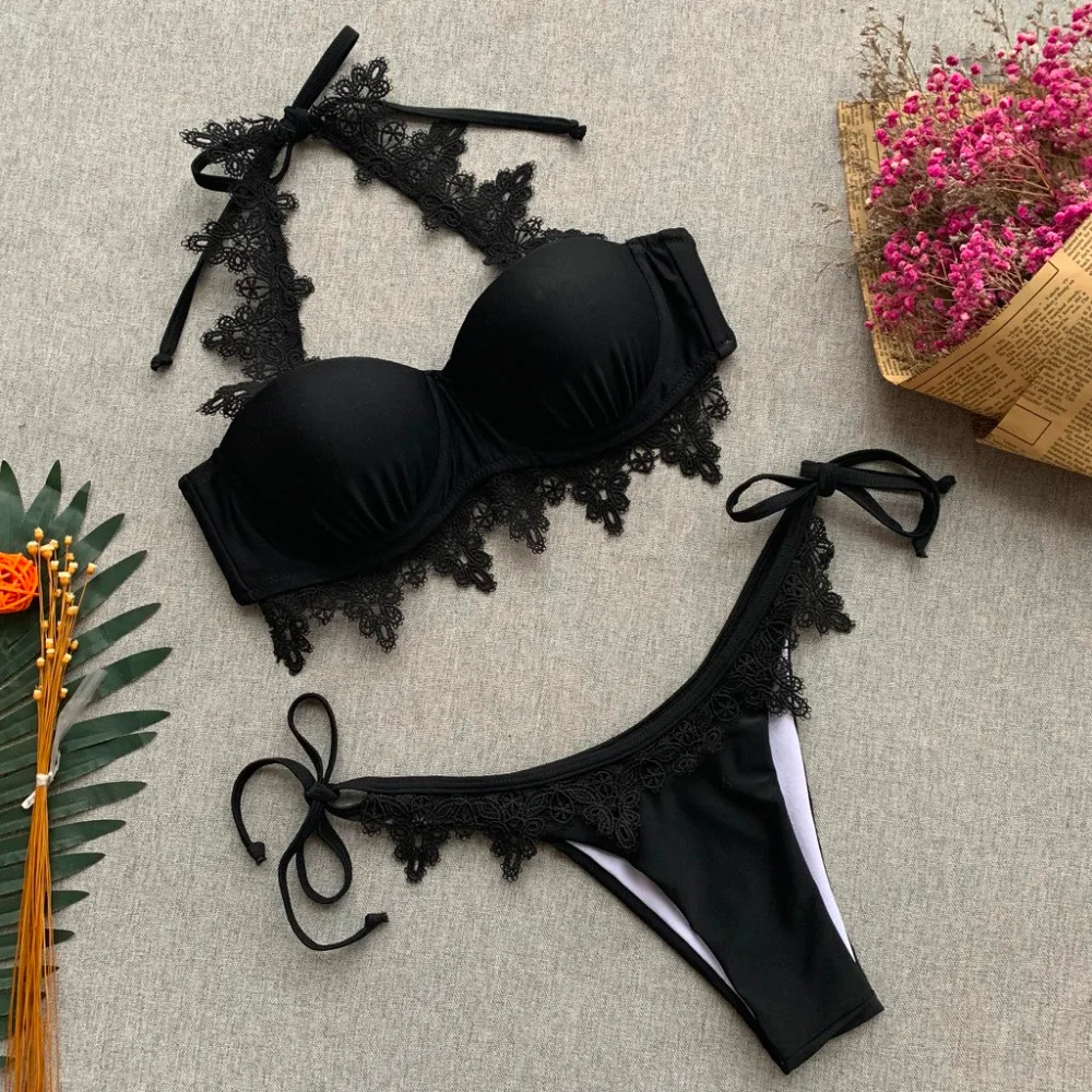 Купальный костюм женский из двух предметов кружевной однотонный комплект бикини