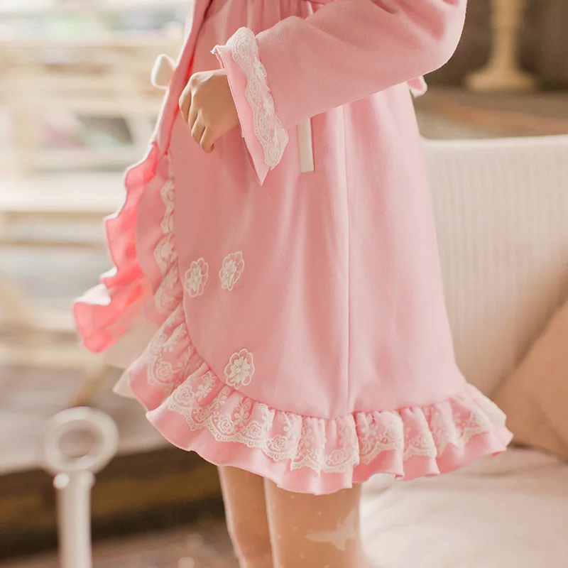Candy rain Princess sweet pink coat bow flower decoration embroidery Single breasted Slim Fit Lapel Japanese design C16CD6204 | Женская
