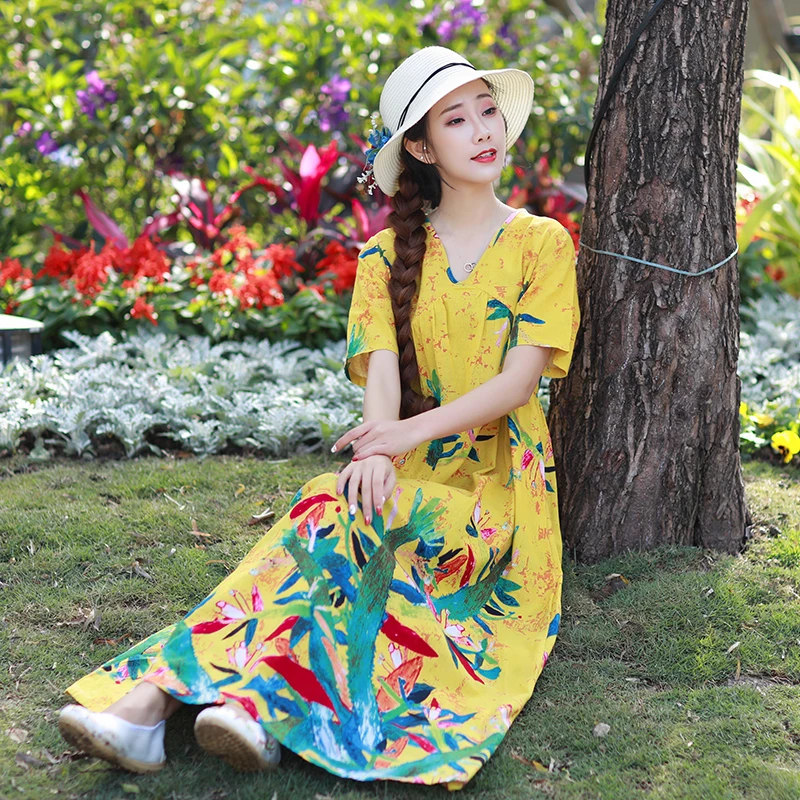 Plus Size Women Vintage Dress Summer Autumn Sundress Cotton Linen Vestidos Lady Long Dresses Print Floral Loose Casual Dress