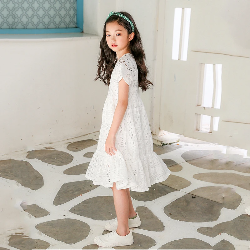 2022 New Hollow Out Lace Teen Girls Dresses Kids Children's Dress Summer Cotton White Baby Princess Party Teenager Clothing | Детская