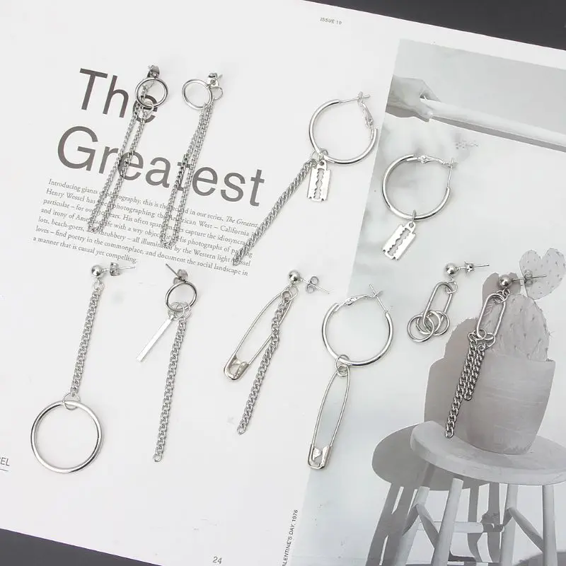 

Titanium Steel Safety Pin Geometry Asymmetric Long Chain Tassel Drop Earrings
