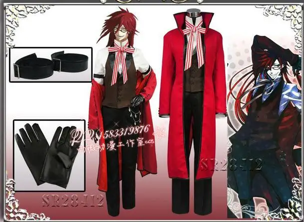 

Костюм для косплея черного Батлера из аниме «Death Shinigami», грелла, сутскафа, красная униформа, наряд + очки, карнавал, костюмы на Хэллоуин для же...