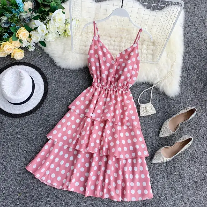 Женское платье пачка LUOSHA регулируемое на бретельках в горошек с открытой спиной