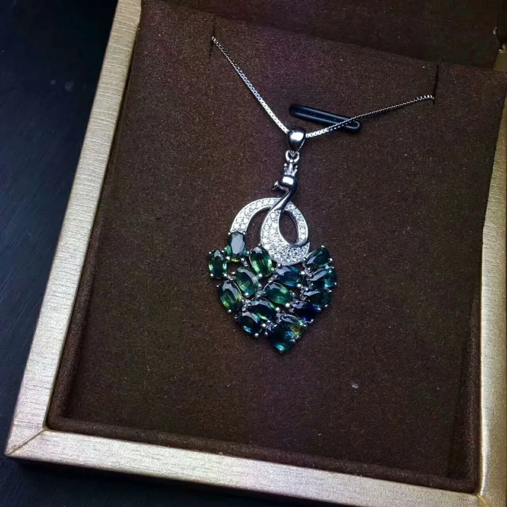 Elegant peacock tail pendant 15 pcs 3*5mm natural sapphire pendant solid 925 silver sapphire necklace pendant romantic gift