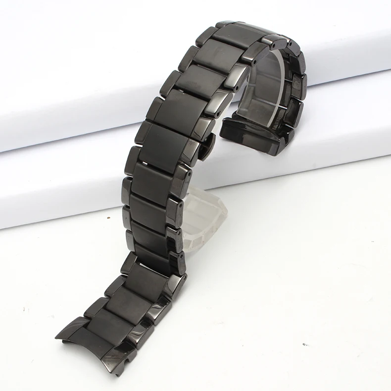 Black Shine Ceramic Strap for AR1451 Ceramic Watch with Men's 24MM Scrub Wristband Butterfly Buckle Waterproof Sports Watch Chai