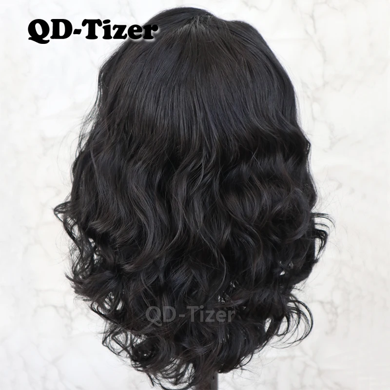 QD Tizer короткие синтетические кружевные волосы черного цвета волнистый стиль
