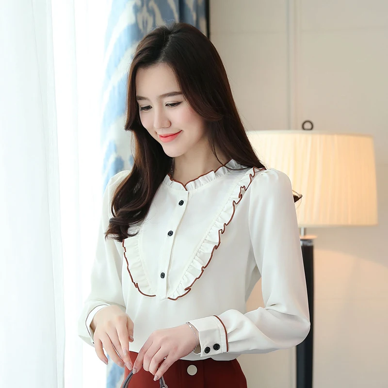 Весна 2020 Новая модная женская шифоновая блузка с длинным рукавом и воротником