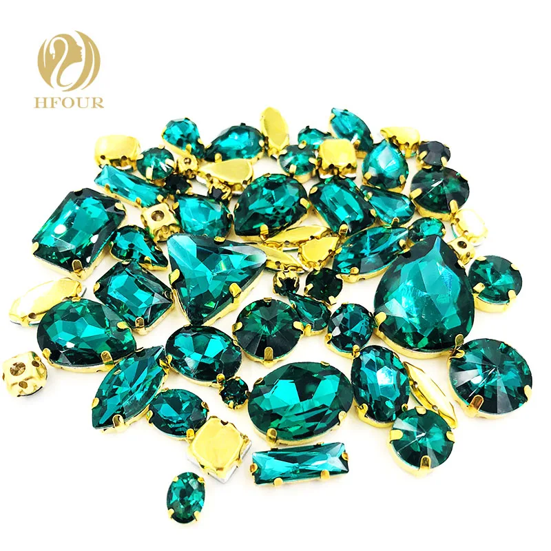 

Free shipping Gold base Malachite Green mixed shape mix size glass crystal flatback sew on rhinestones DIY Garment Accessories
