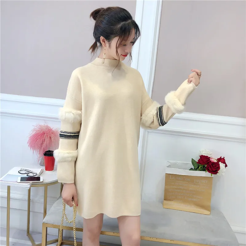 Mid-length Pullover Sweater Women's 2020 Autumn Winter Pearl Loose Dress Rabbit Fur Long-sleeved | Женская одежда