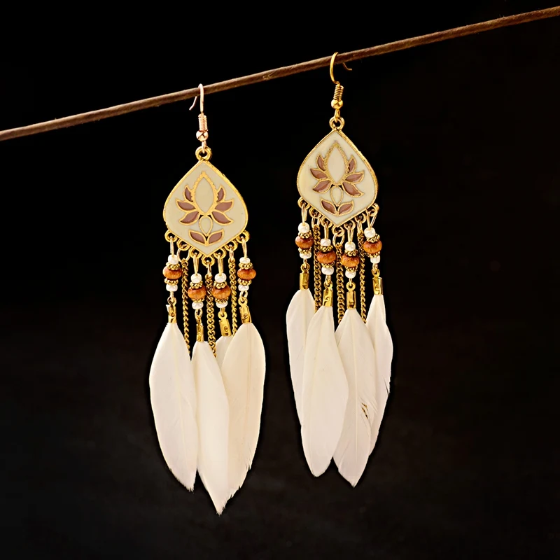 Женские серьги кисточки Lotus Jhumka Винтажные с перьями из турков цыганские
