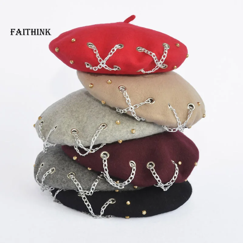 Женский винтажный беретик с цепочкой 100% шерсть теплые береты в стиле панк на зиму