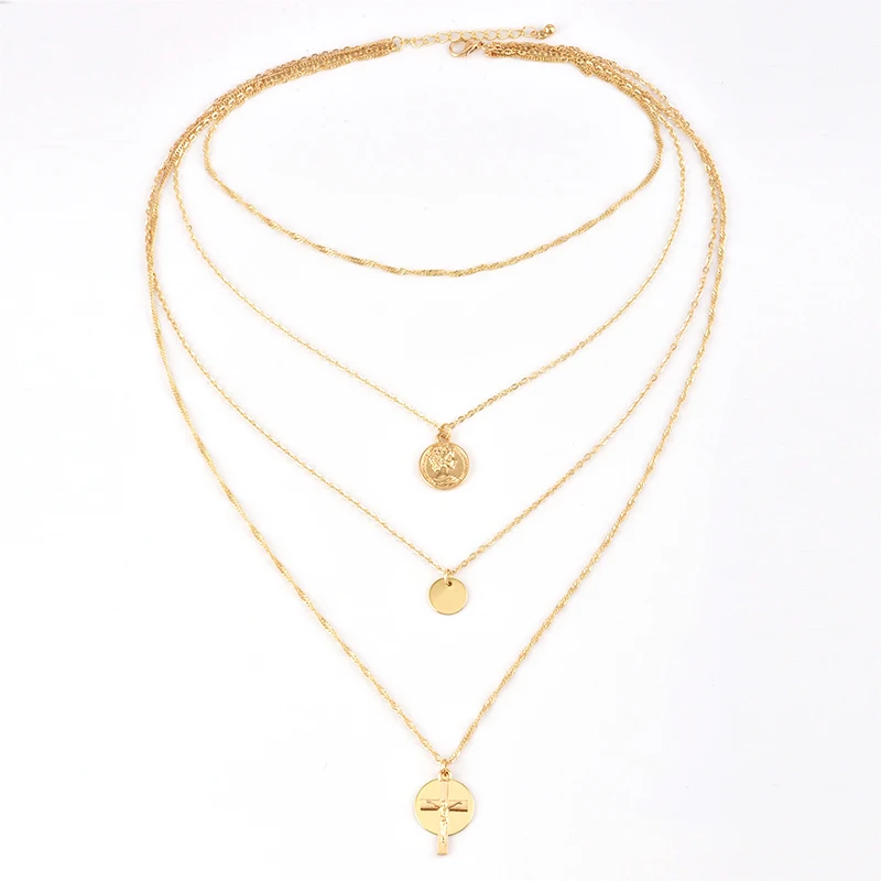 Ожерелье женское многослойное золотистое модная цепочка до ключиц в стиле ретро