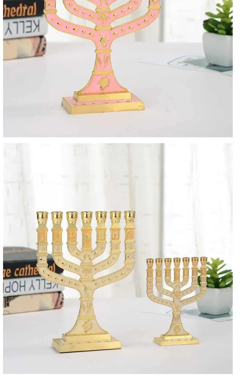 Синяя эмаль Menorah позолоченный 7 веток племен Израиля, джерузама