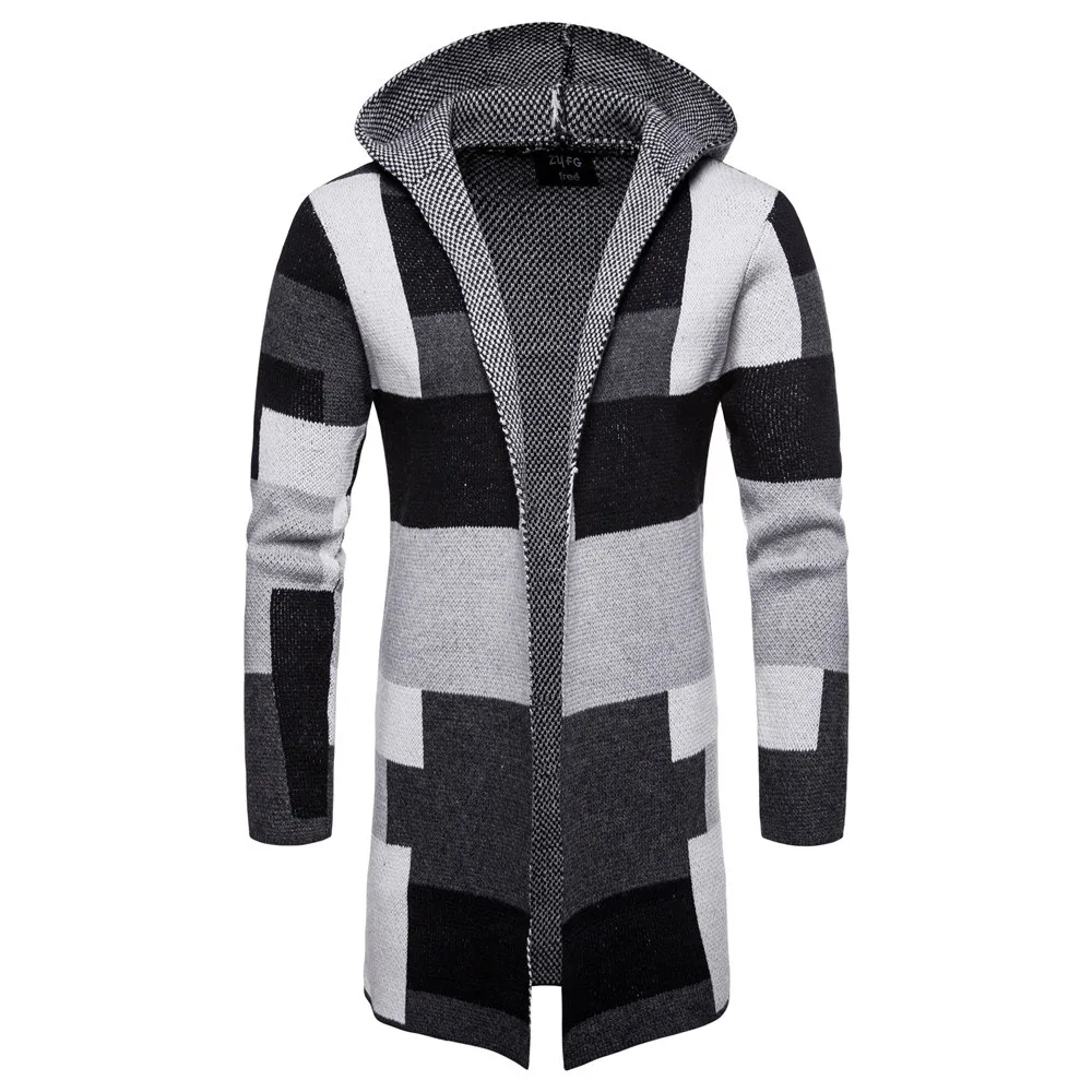 Mens Cardigans Autumn Winter Men's Casual Hooded Sweater Stripe Stitching Knitted Coat Long Sweater Male Clothing