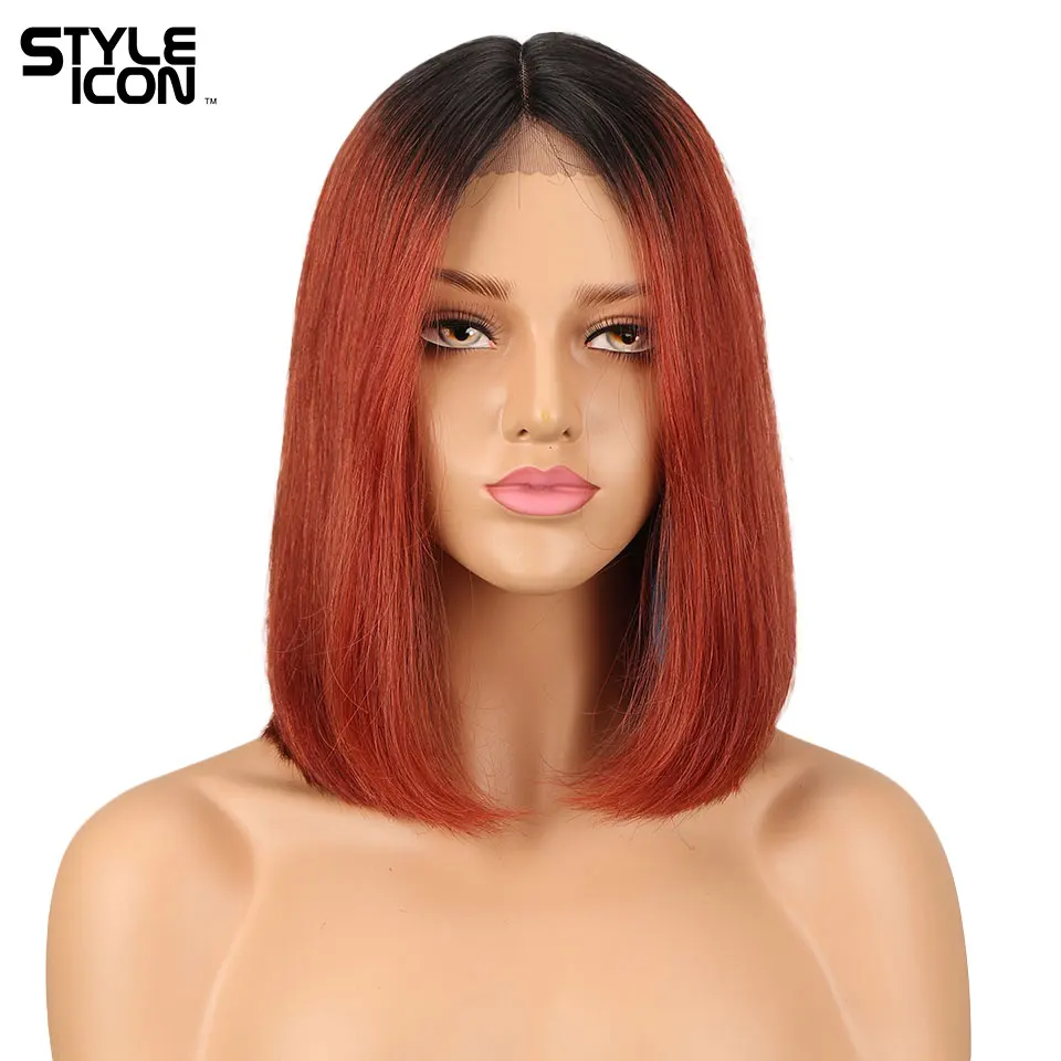 Styleicon Short Bob Straight Hair Wig Lace Front Wigs Middle Part Ombre Human 130% Density Malaysian Pink Red Remy | Шиньоны и парики
