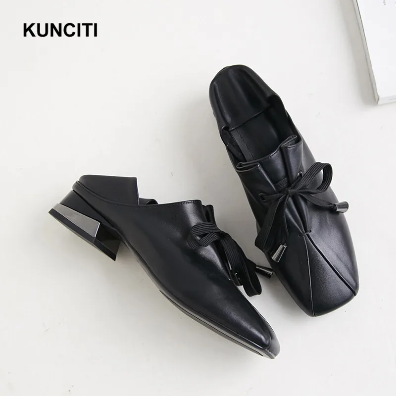 KUNCITI/; женские лоферы на низком каблуке с квадратным носком; обувь из натуральной кожи на толстом каблуке со шнуровкой; женские пикантные Туфли-гладиаторы; F83