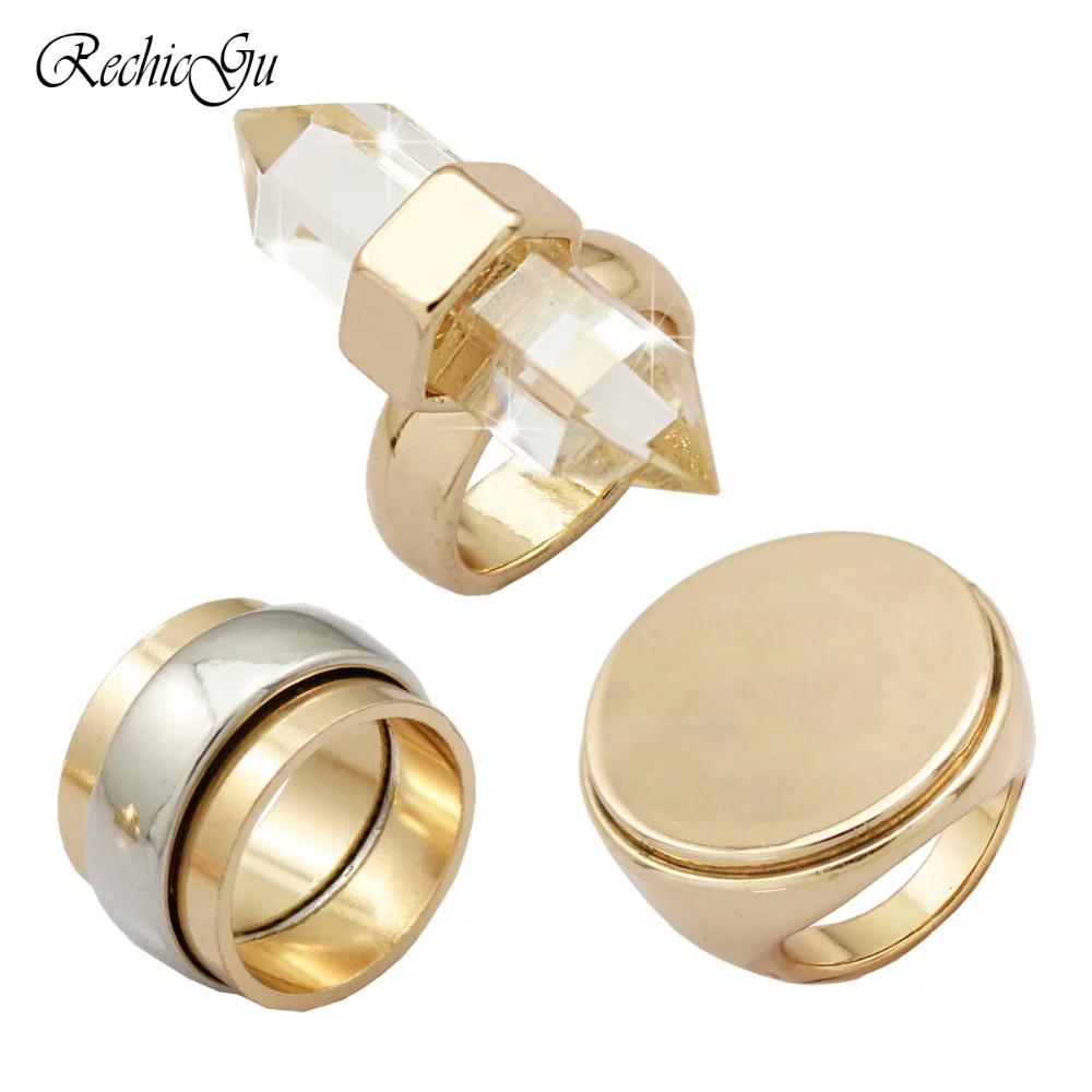 Pack of 3 Gold Clear Quartz Spike Bali Braided Stone Disc Stainless Steel Flat Stack Band Chunky Finger Ring Jewelry | Украшения и