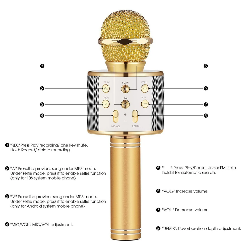 Микрофон караоке беспроводной W/Bluetooth динамик Instagram 5000+ лайков iPhone Android PC смартфон портативный ручной микрофон