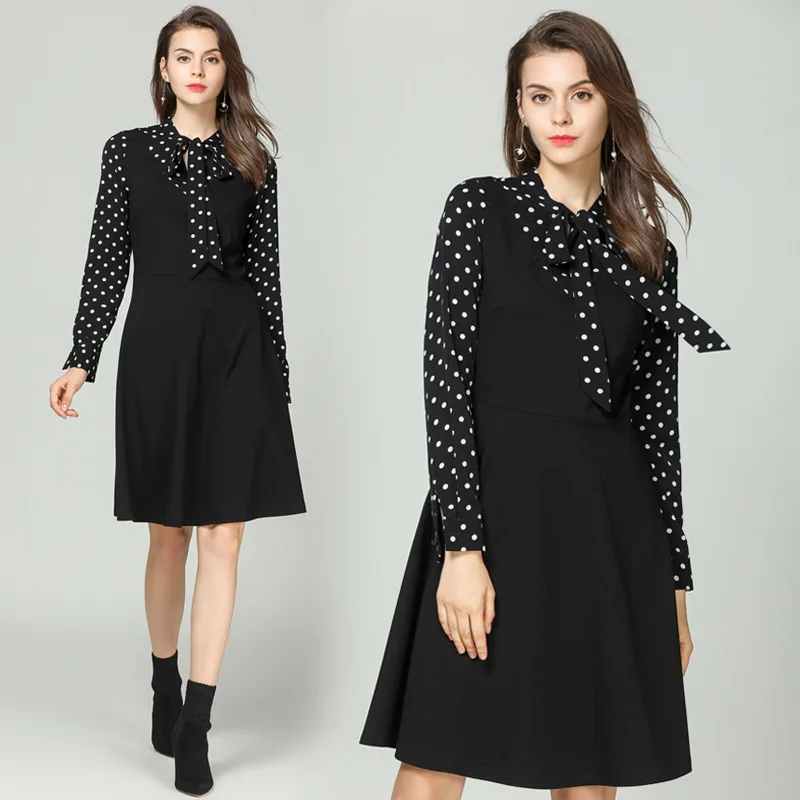 Женское платье с длинным рукавом Осеннее формальное большого размера в горошек