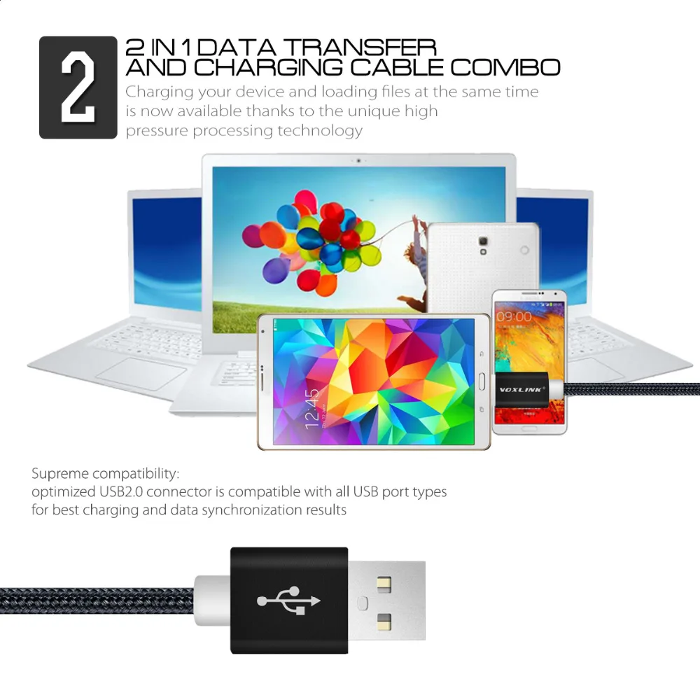 VOXLINK, 5 шт. в упаковке, USB кабель, 5 В, 2,4 А, Micro usb кабель для зарядки и передачи данных, кабель для мобильного телефона, для samsung S7, S6, Huaiwei, Xiaomi, Meizu, LG, htc