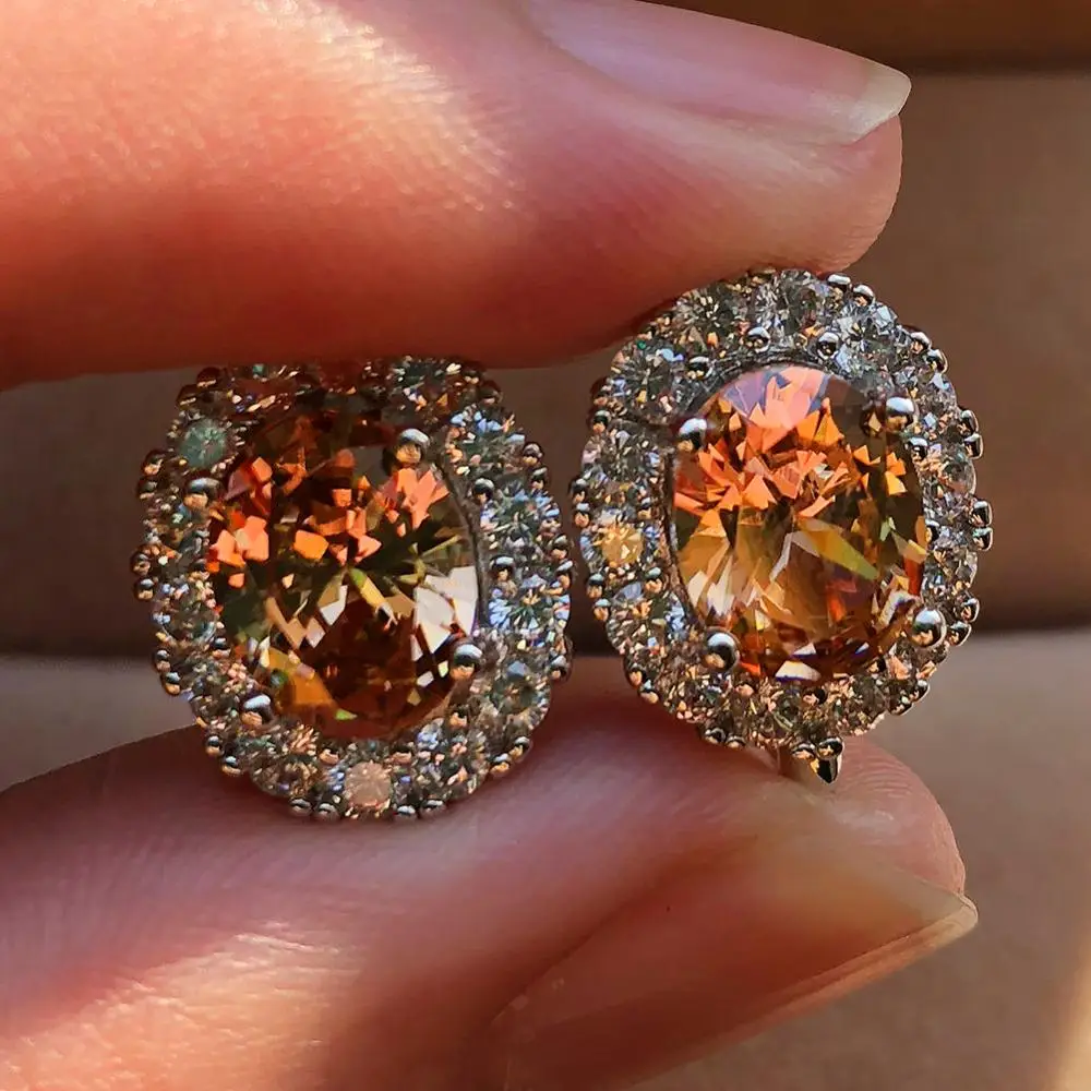 Cute Female Korean Small Oval Earrings White Green Red Blue Zircon Clip Earrings For Women Boho 925 Silver Double Earrings - Окраска металла: Champagne