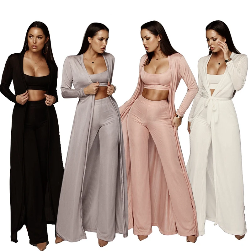 

Women Three Piece Set Knitting Stretch Outfits Long Sleeve Cover Up Smock Ponchos Cloak+Broad leg Long pants+Tank Top Vest Tee