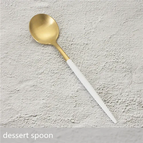 dessert spoon Белая Золотая тарелка, набор десертных вилок, ложек, ножей, набор посуды, набор столовых приборов из нержавеющей стали 304, набор столовых приборов столовые приборы, Золотая ложка - Цвет: dessert spoon