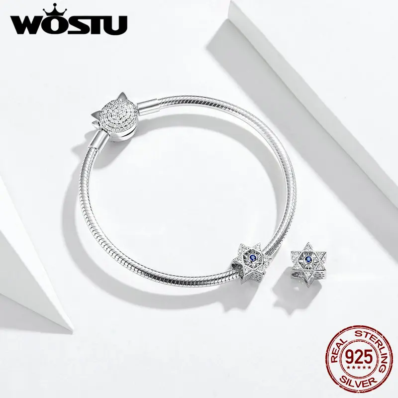 WOSTU, модные бусины с голубой звездой, 925 пробы, серебро, циркон, эмаль, шарм, подходит для оригинального браслета, кулон, сделай сам, изготовление ювелирных изделий, FIC1222