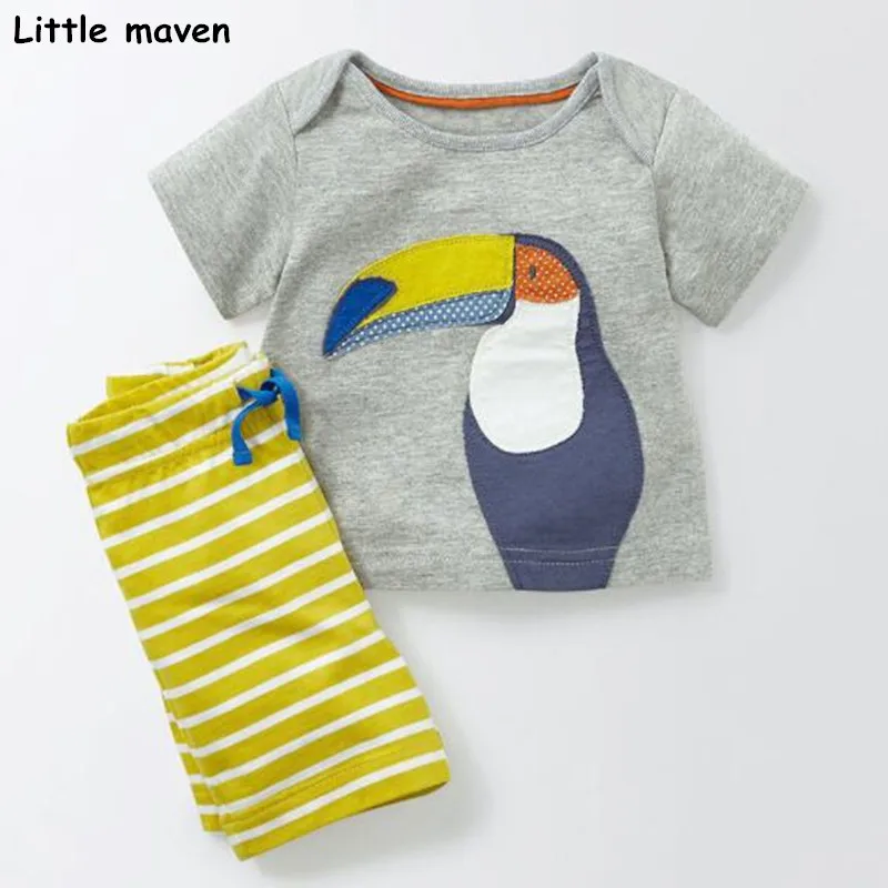 Little maven/Коллекция года, новая брендовая летняя одежда для маленьких мальчиков хлопковые комплекты для детей футболка с аппликацией в виде птицы+ штаны в полоску, 20207