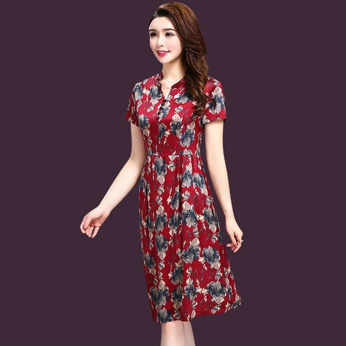 2021 Spring Summer Fashion Short Sleeve Silk Women Dress New Style Big Code Exquisite Printed Elegant Temperament Female Dresses | Женская