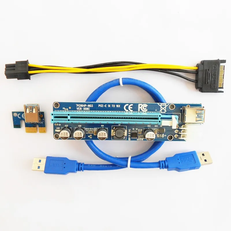 Улучшенное издание VER008C Райзер PCI E 1x до 16x светодиодный USB 3 0 6 контактный разъем