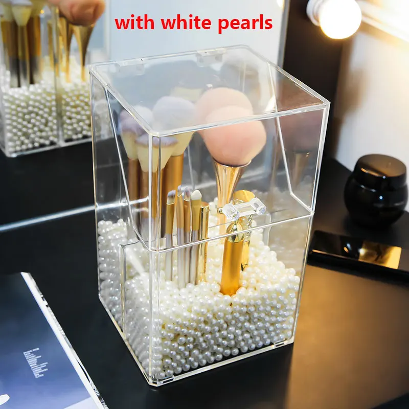 with white pearls Акриловые кисти для макияжа, органайзер, контейнеры для хранения, шкатулка для украшений, акриловый Органайзер для макияжа, безопасный контейнер для хранения - Цвет: with white pearls