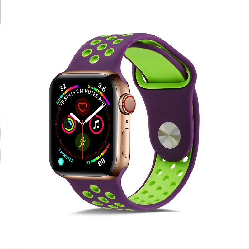 Силиконовый чехол для Apple, ремешки для часов для Apple Watch4/3/2/1 спортивные дышащие освежающий наручный ремешок для наручных часов Iwatch, ремешок серии 44/42/40/38 мм - Цвет ремешка: Purple green
