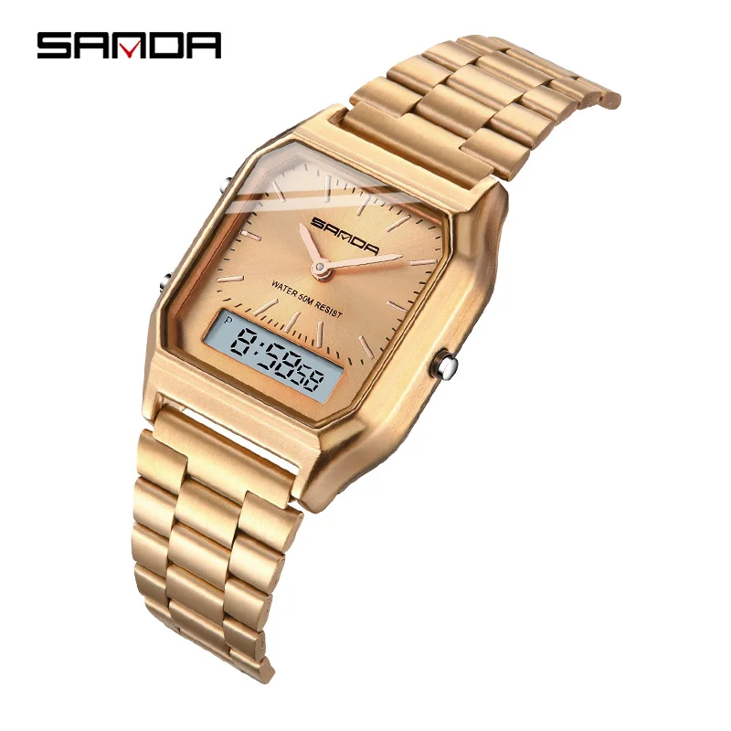 rose gold Модные женские роскошные золотые браслет из нержавеющей стали наручные часы Лидирующий бренд Sanda спортивные женские мужские часы с подарком - Цвет: rose gold