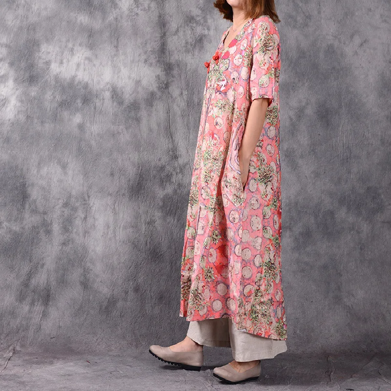 Летнее платье Для женщин Свободные Ретро v-образным вырезом короткий рукав с