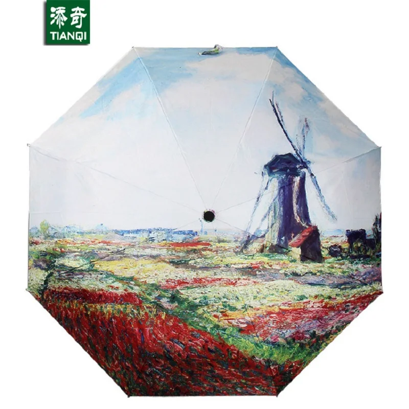 Картина маслом Голландия мельница узор Солнце Дождь Зонтик Женщины 3 складной