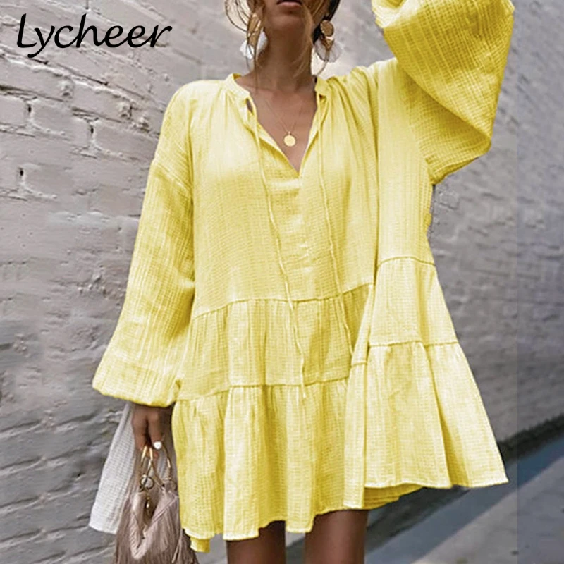 Lycheer Плюс Размер Повседневное кружевное платье с рюшами для женщин свободное