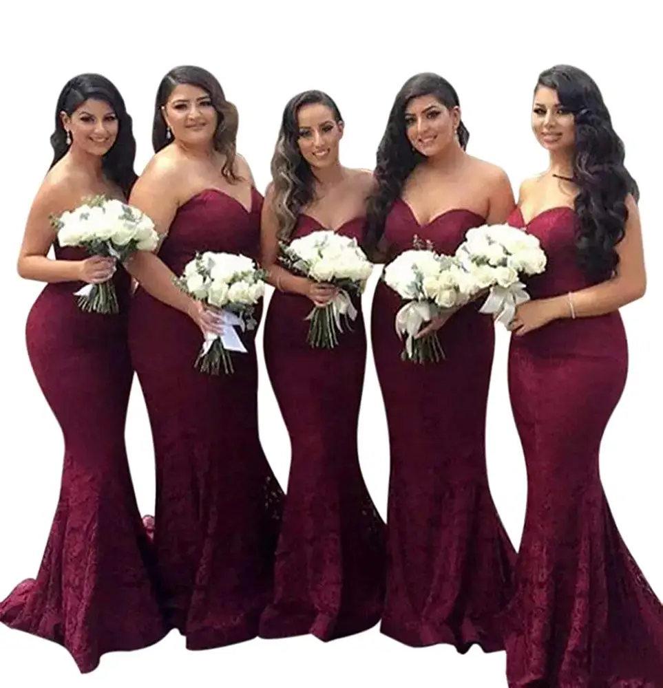 Burgundy Long Bridesmaid Dresses Mermaid Sweetheart Lace Wedding Party Formal Gowns 2019