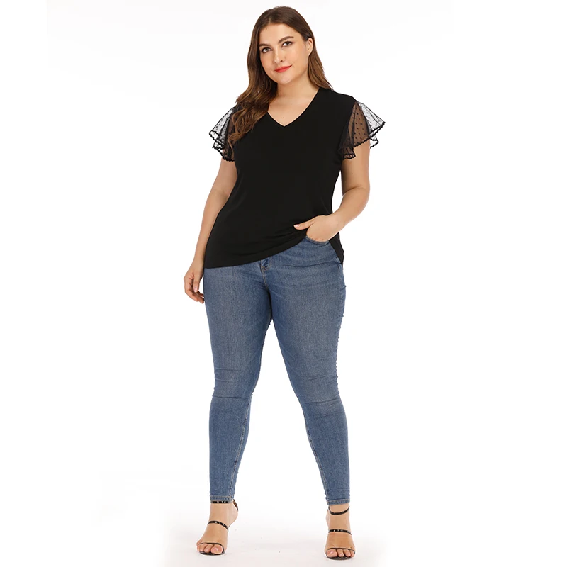Women Plus Size 5XL Sheer Mesh blouse Polka Dot Lace V Neck Short Sleeves High Waist Slim Casual Tees Ladies Summer Tops |